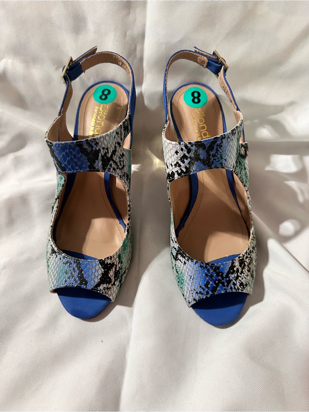 Blue Snake-Print Peep-Toe Slingback Sandals